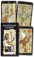 Three Egyptian Tarot cards by Silvana Alasia displaying hieroglyphic motifs and richly colored figures of ancient Egyptian deities