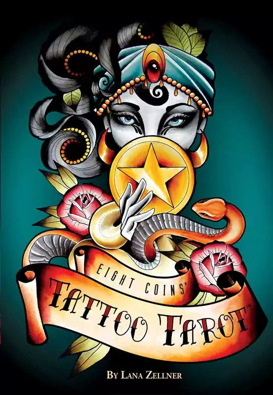 Eight Coins Tattoo Tarot sample card featuring a mystical figure holding a star-shaped coin surrounded by snakes and bold floral tattoo-art elements.