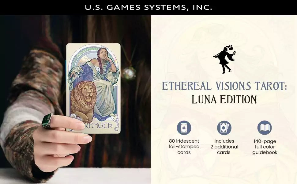 Hand holding an Ethereal Visions Tarot Strength card showing a woman and lion, with text highlighting the Luna edition features.