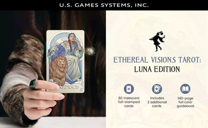 Hand holding an Ethereal Visions Tarot Strength card showing a woman and lion, with text highlighting the Luna edition features.