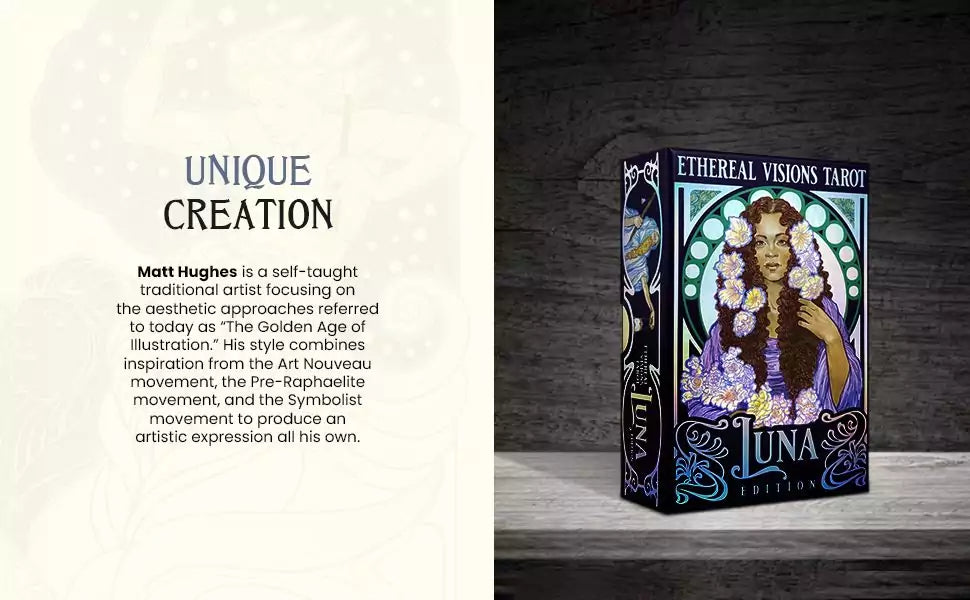 Ethereal Visions Luna Edition tarot deck box with dark wooden background showing iridescent silver foil detailing on the cover.