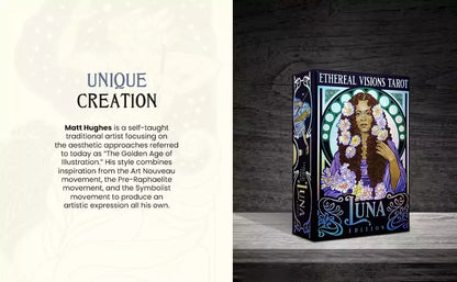 Ethereal Visions Luna Edition tarot deck box with dark wooden background showing iridescent silver foil detailing on the cover.