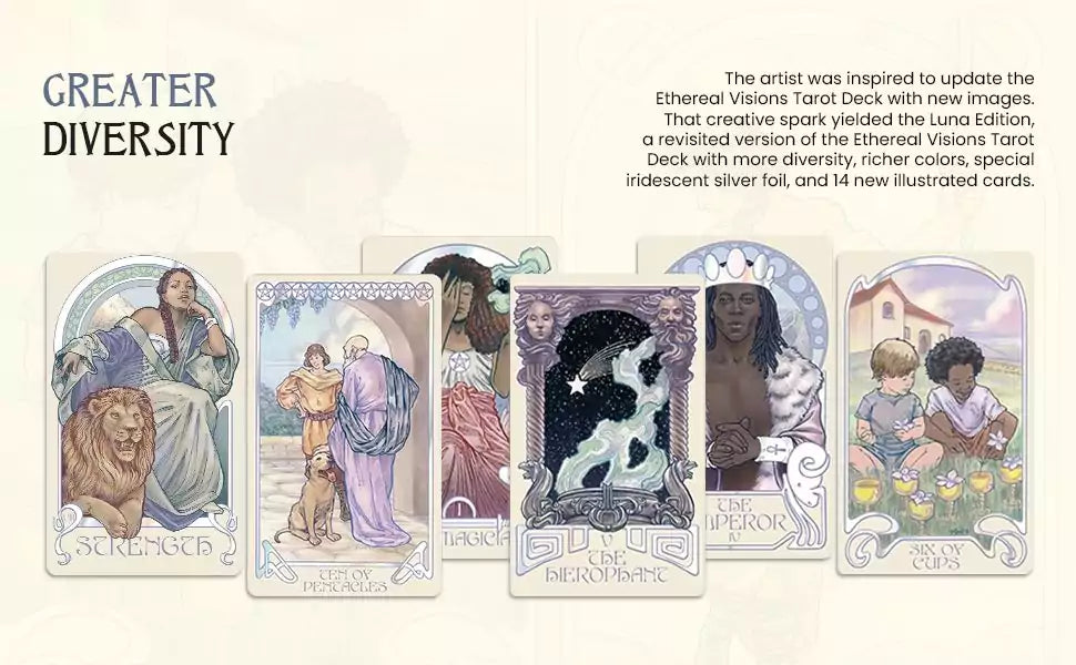 Series of Ethereal Visions Tarot cards showing diverse characters and themes in updated Luna edition artwork.