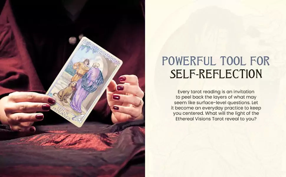 Ethereal Visions Tarot card depicting an angelic figure with Art Nouveau flourishes, representing introspection and personal insight.