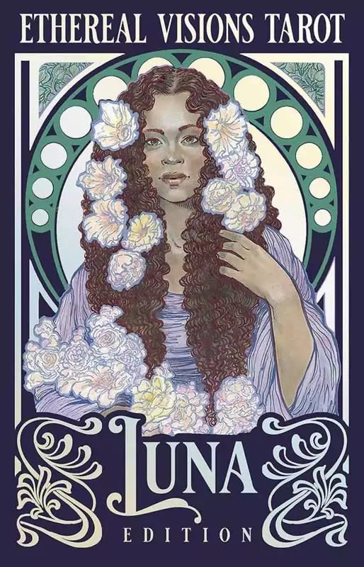 Ethereal Visions Tarot card featuring a woman with flower-adorned hair in Art Nouveau style surrounded by a decorative circular frame.