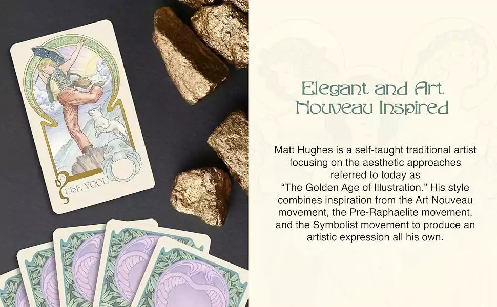 Ethereal Visions Illuminated Tarot card featuring a fluid Art Nouveau figure surrounded by botanical motifs and gold foil borders.