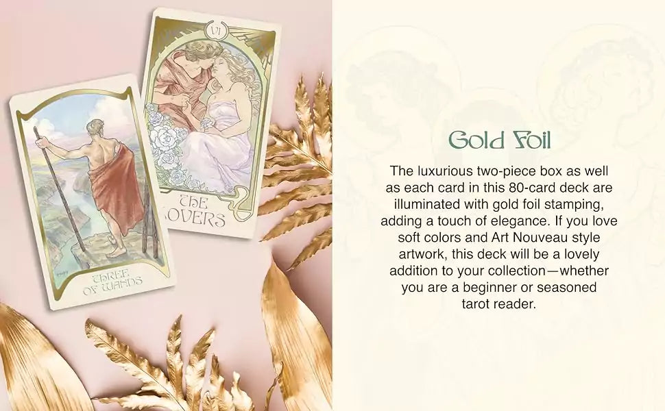 Two Ethereal Visions Tarot cards on a soft pink background featuring elegant Art Nouveau figures with gold foil detail.