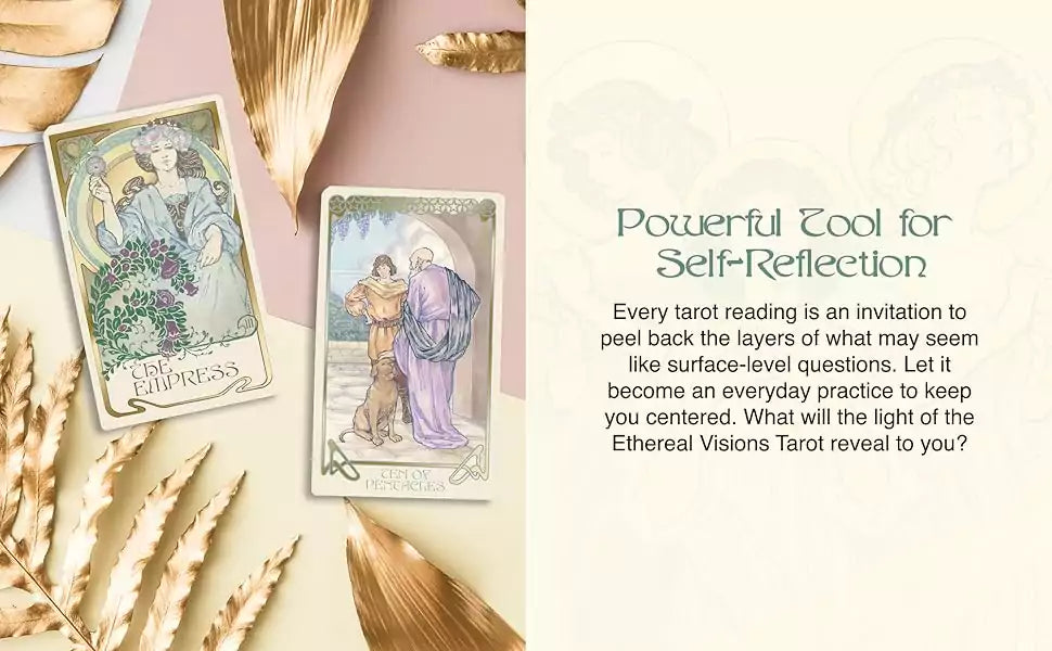 Two Ethereal Visions Tarot cards displayed on a neutral background surrounded by natural elements — showing the deck&