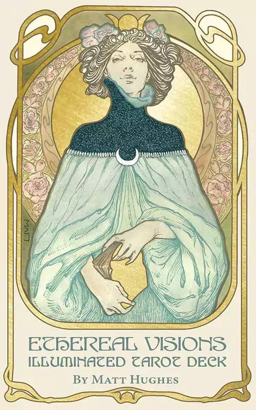 Ethereal Visions Illuminated Tarot card featuring a woman with flowing hair in Art Nouveau style with gold foil accents — from the 80-card deck.
