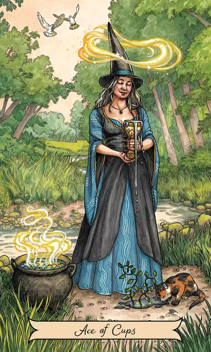 Witch in a blue dress and pointed hat pouring liquid from a vessel — Minor Arcana card from the Everyday Witch Tarot.