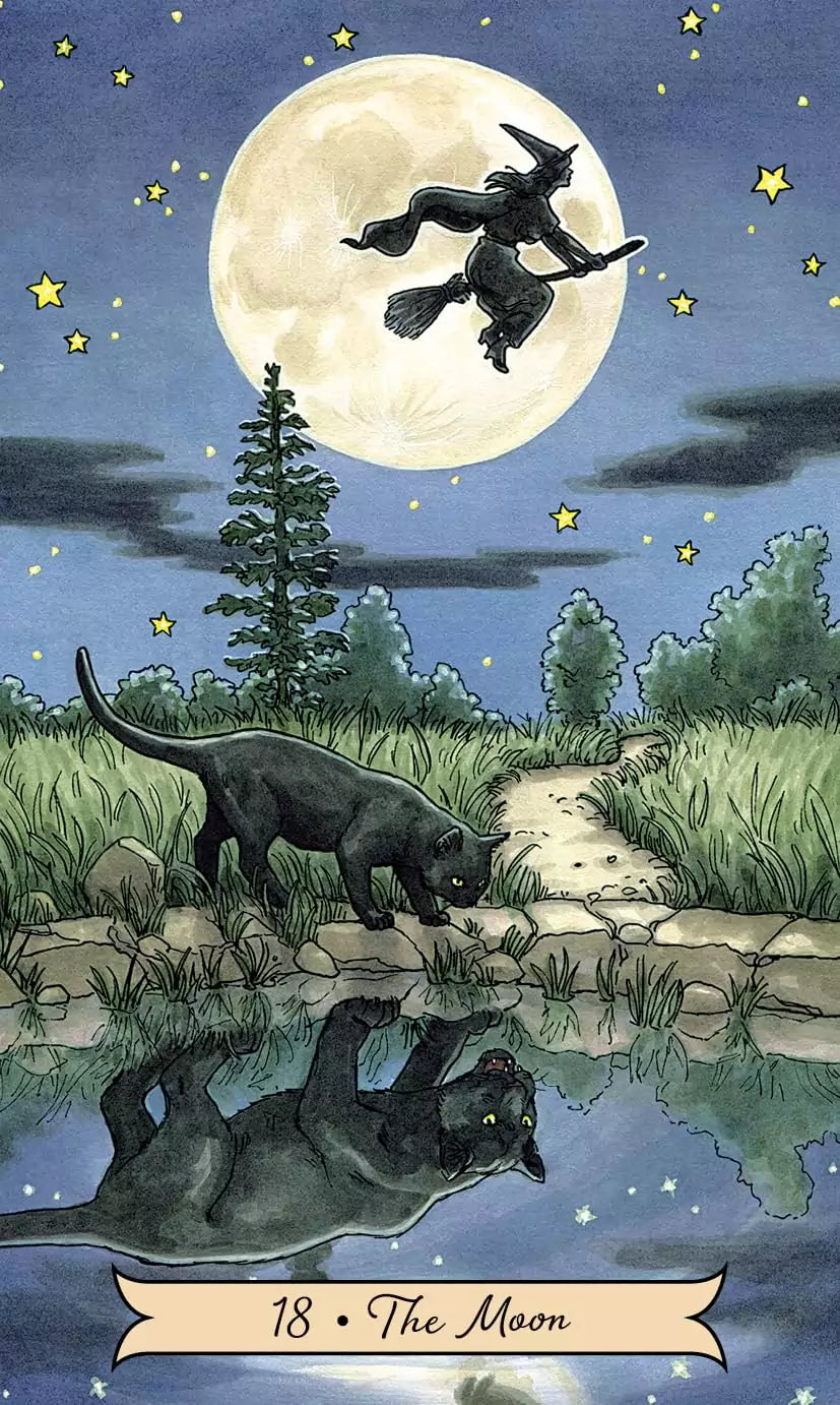 Witch flying on a broomstick across a moonlit night sky — illustrated card from the Everyday Witch Tarot by Deborah Blake.