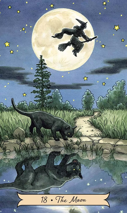 Witch flying on a broomstick across a moonlit night sky — illustrated card from the Everyday Witch Tarot by Deborah Blake.