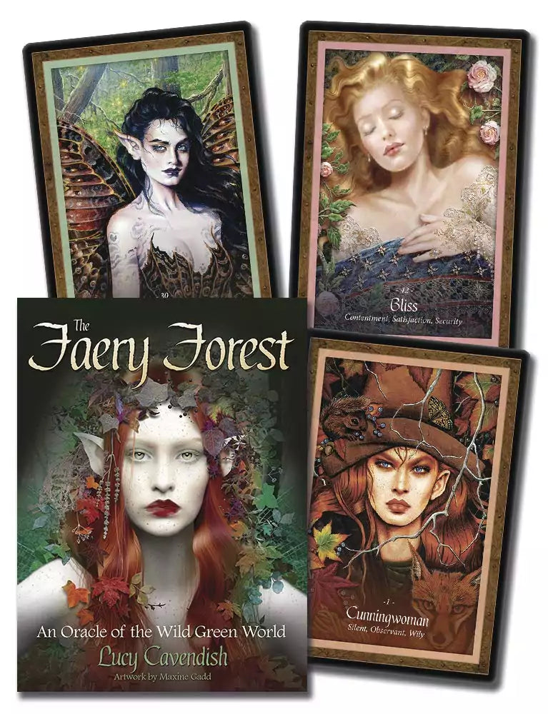 Faery Forest Oracle Deck by Lucy Cavendish — illustrated cards with ethereal fairy characters and the guidebook showing vibrant woodland magical artwork.