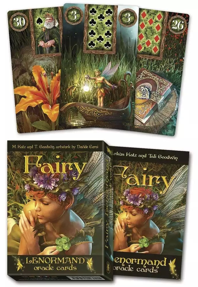 Fairy Lenormand Oracle deck in decorative box alongside spread cards featuring whimsical fairy and nature illustrations — 36-card Lenormand divination system.