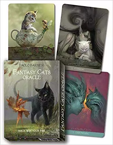 Fantasy Cats Oracle cards by Paolo Barbieri showing whimsical feline illustrations including a black cat, a tea-party scene cat, and other fantasy-themed cat imagery.