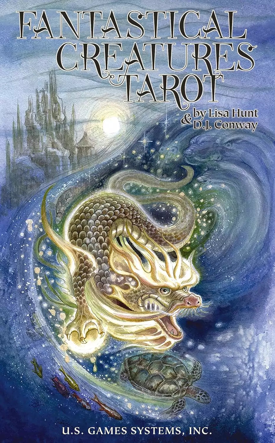 Fantastical Creatures Tarot deck by D.J. Conway showing illustrated cards with dragons, unicorns, and mythical fantasy beings on the card faces