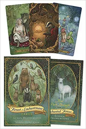 Forest of Enchantment Tarot box and spread cards by Weatherstone and Allwood, showing whimsical forest-themed illustrations with fairy-tale style figures and nature imagery.