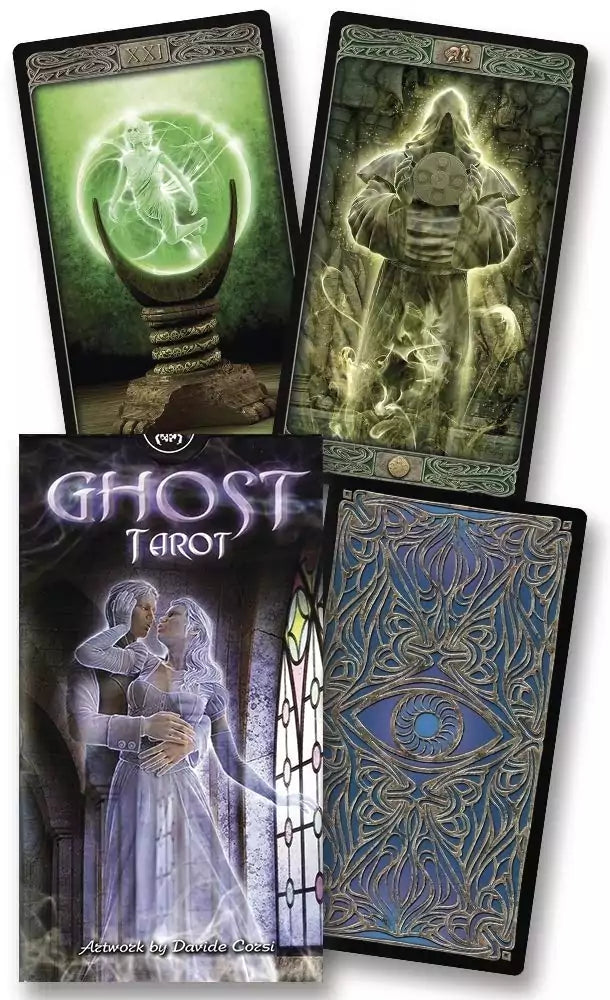 Ghost Tarot deck box by Davide Corsi showing ethereal spirit figures in gothic atmospheric settings, an RWS-based deck for shadow and spirit work readings.