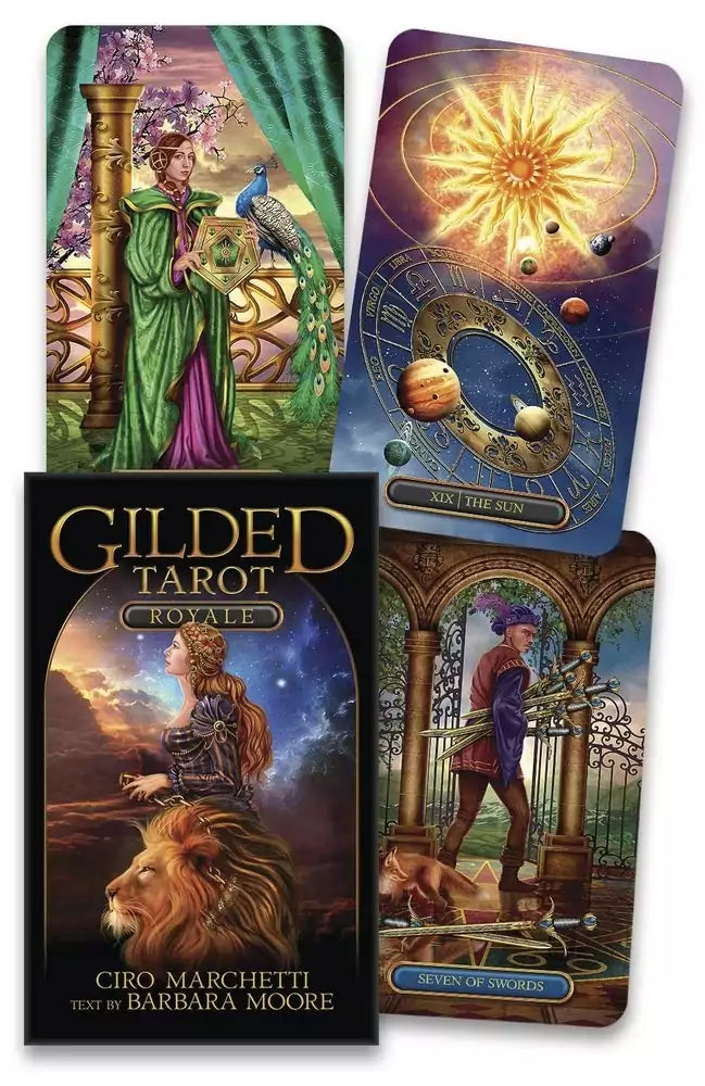 Gilded Tarot Royale deck box and cards by Marchetti and Moore showing ornate gold-foil RWS-structure tarot art with jewel tones