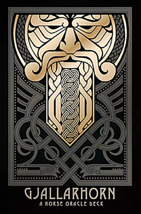 Gjallarhorn Norse Oracle Deck cover — stylized Art Deco illustration of a Norse horn with rune symbols on the 62-card oracle deck packaging.