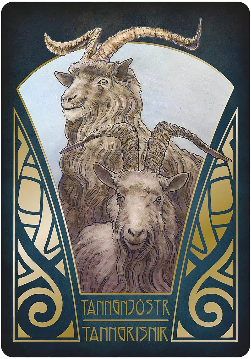 Gjallarhorn Norse Oracle card — two goats with prominent horns illustrated in ornate Art Deco style from the Matt Hughes Norse mythology deck.