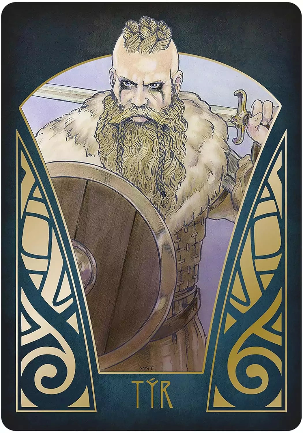 Gjallarhorn Norse Oracle card showing a fierce Norse warrior with sword and shield — Art Deco battle scene from the Matt Hughes oracle deck.