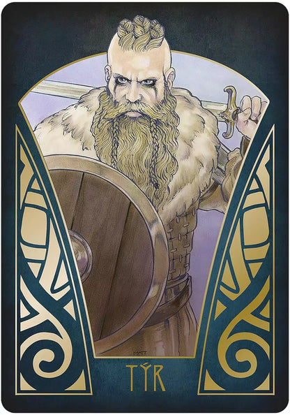 Gjallarhorn Norse Oracle card showing a fierce Norse warrior with sword and shield — Art Deco battle scene from the Matt Hughes oracle deck.