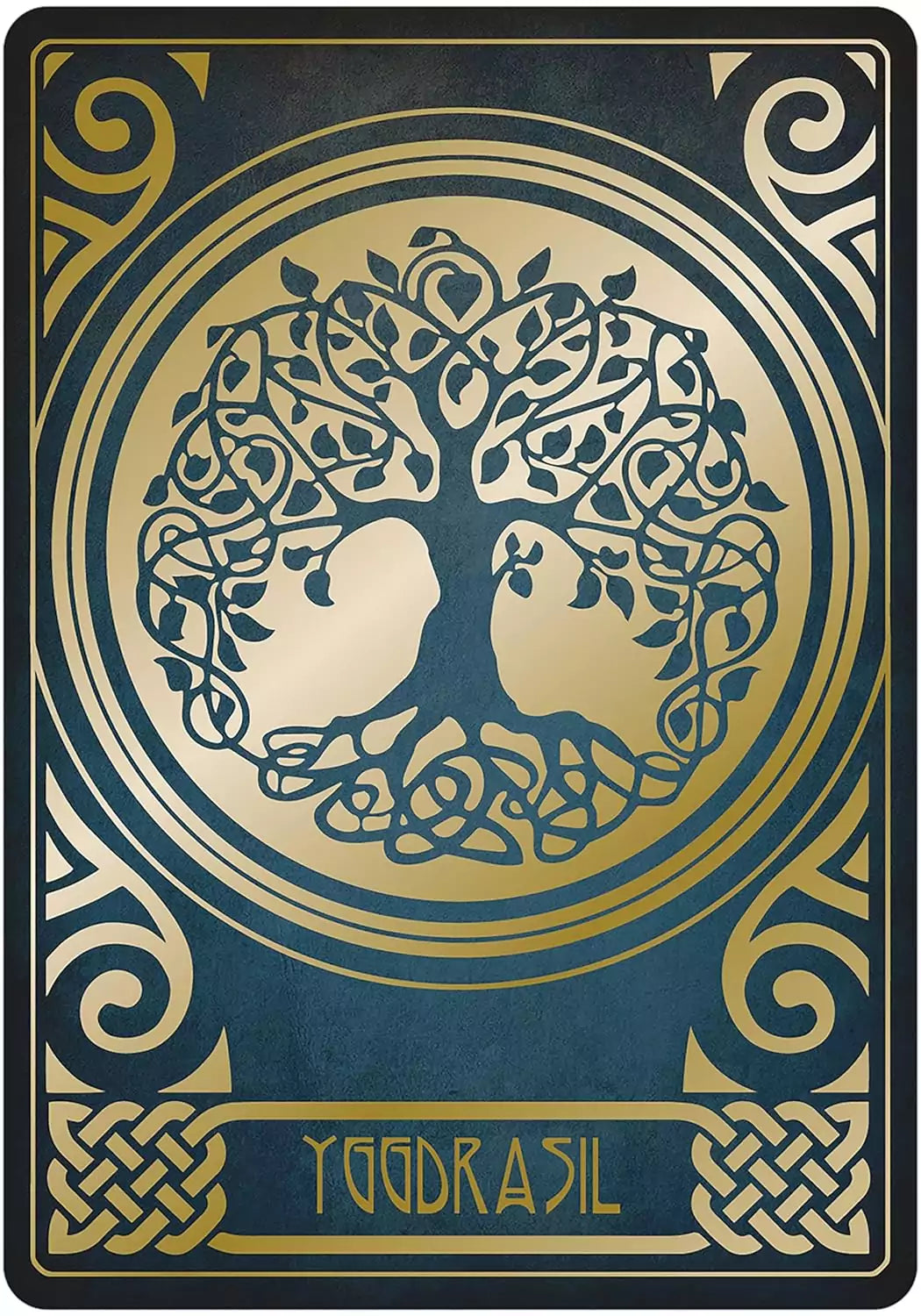 Gjallarhorn Norse Oracle card depicting Yggdrasil the Norse Tree of Life — stylized Art Deco illustration with intricate branch and root detail.