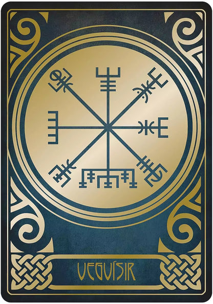 Gjallarhorn Norse Oracle card featuring the Vegvisir runic compass — circular Norse symbol surrounded by intricate Art Deco border design.