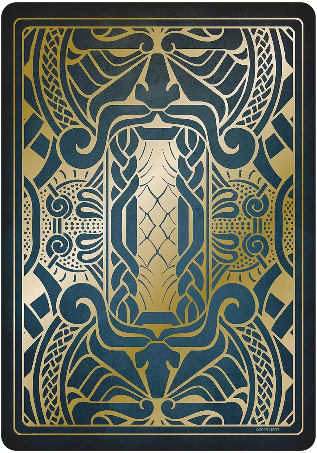 Gjallarhorn Norse Oracle card featuring an intricate symmetrical Art Deco pattern in gold and dark blue with Norse stylized motifs.
