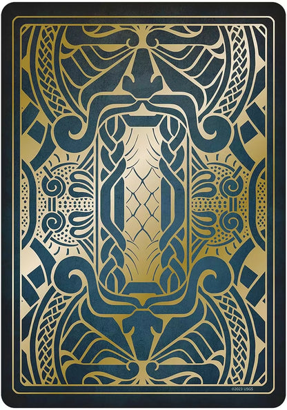 Gjallarhorn Norse Oracle card featuring an intricate symmetrical Art Deco pattern in gold and dark blue with Norse stylized motifs.