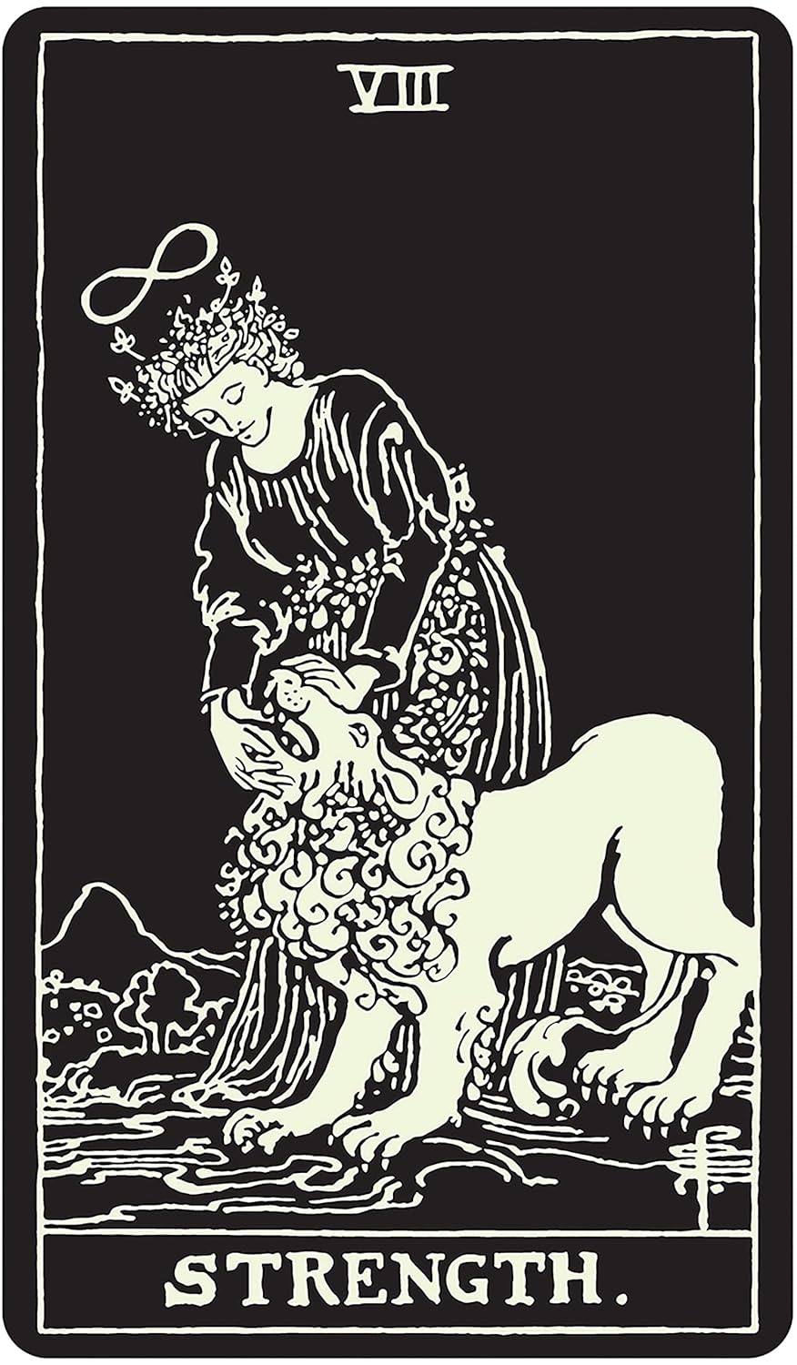 Glow in the Dark Tarot Strength card showing a woman gently holding the head of a lion against a luminous dark background.