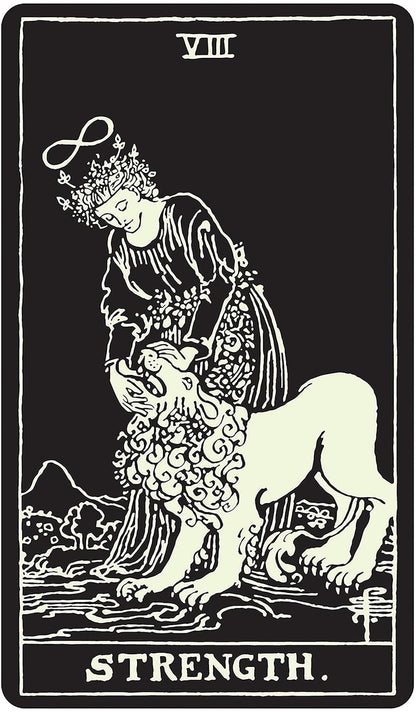 Glow in the Dark Tarot Strength card showing a woman gently holding the head of a lion against a luminous dark background.