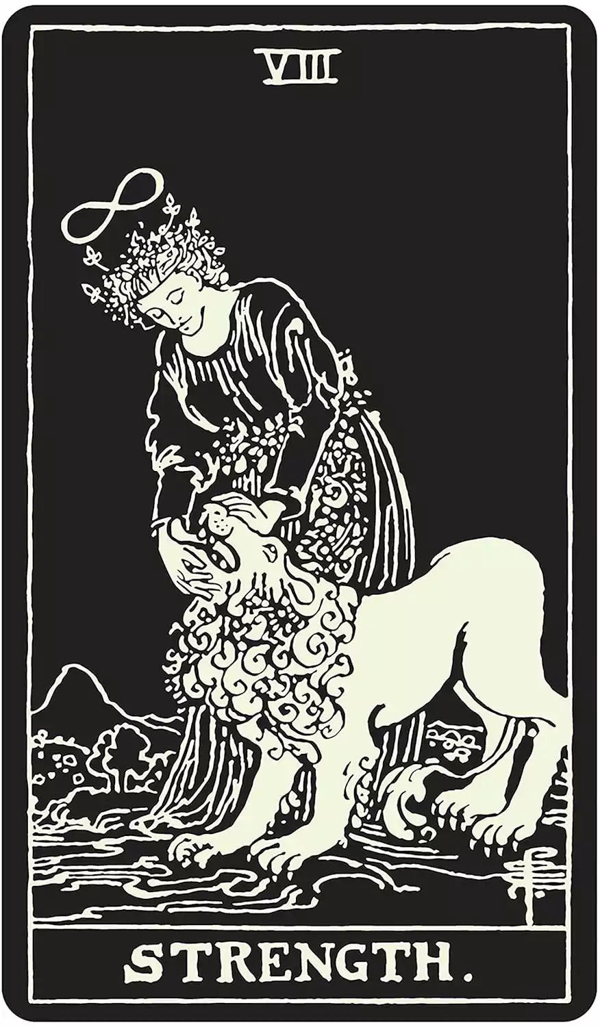 Glow in the Dark Tarot Strength card showing a woman gently holding the head of a lion against a luminous dark background.