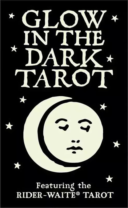Glow in the Dark Tarot box cover featuring bold white text on black with a stylized moon and face design and scattered stars.