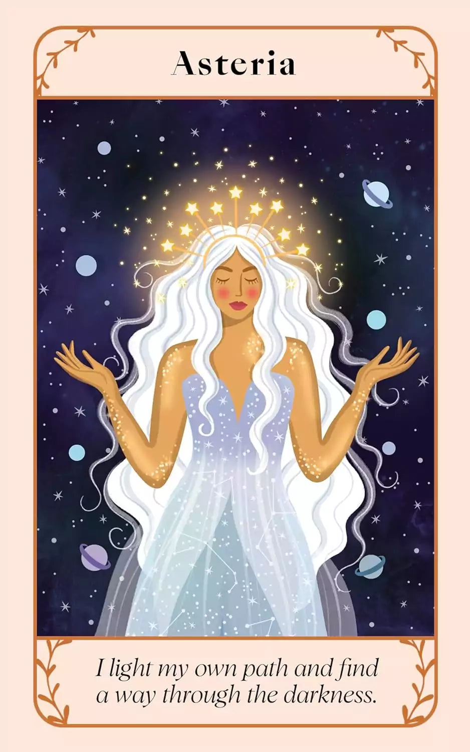 Sample goddess oracle card from the Katja Perez deck featuring a richly illustrated divine feminine figure with golden accents.