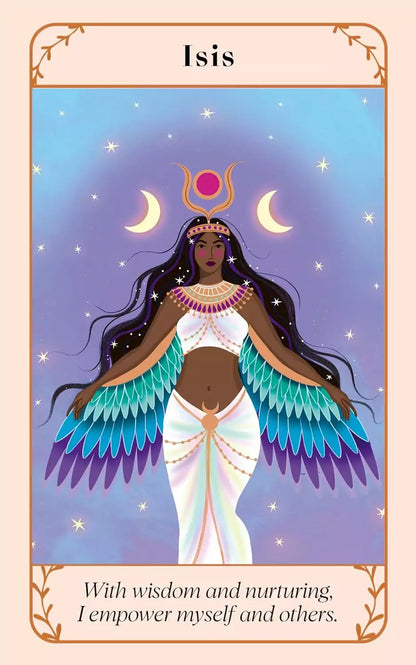 Spread of multiple Goddess Oracle cards by Katja Perez showing varied goddess portraits and colorful illustrated artwork.