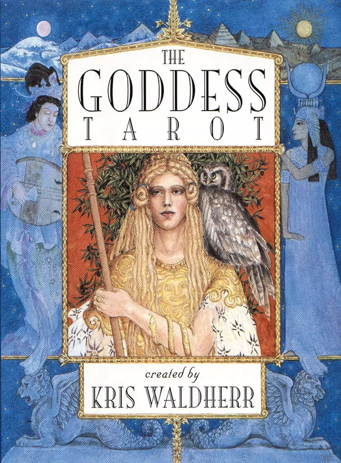 The Goddess Tarot card featuring a colorful goddess figure in flowing robes with gold ornamental details