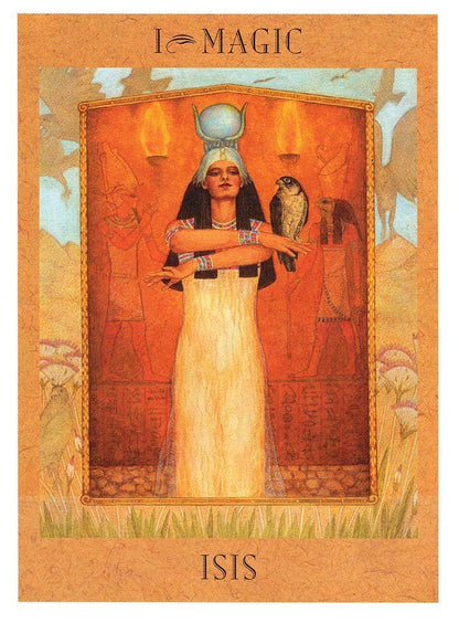 Goddess Tarot card depicting the Egyptian goddess Isis with outstretched wings and hieroglyphic border