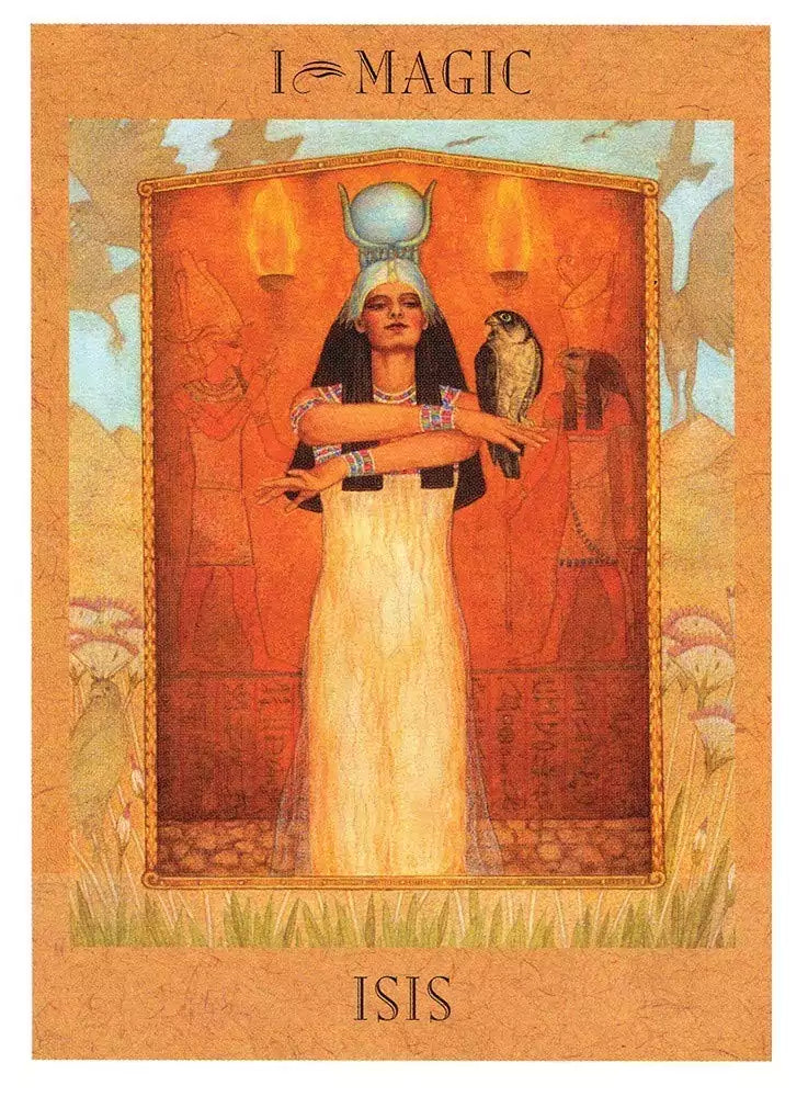 Goddess Tarot card depicting the Egyptian goddess Isis with outstretched wings and hieroglyphic border