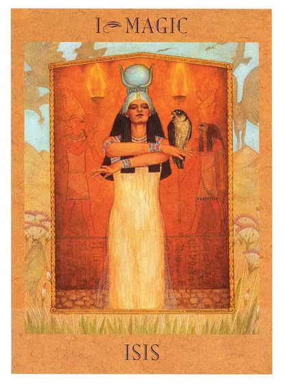 Goddess Tarot card depicting the Egyptian goddess Isis with outstretched wings and hieroglyphic border