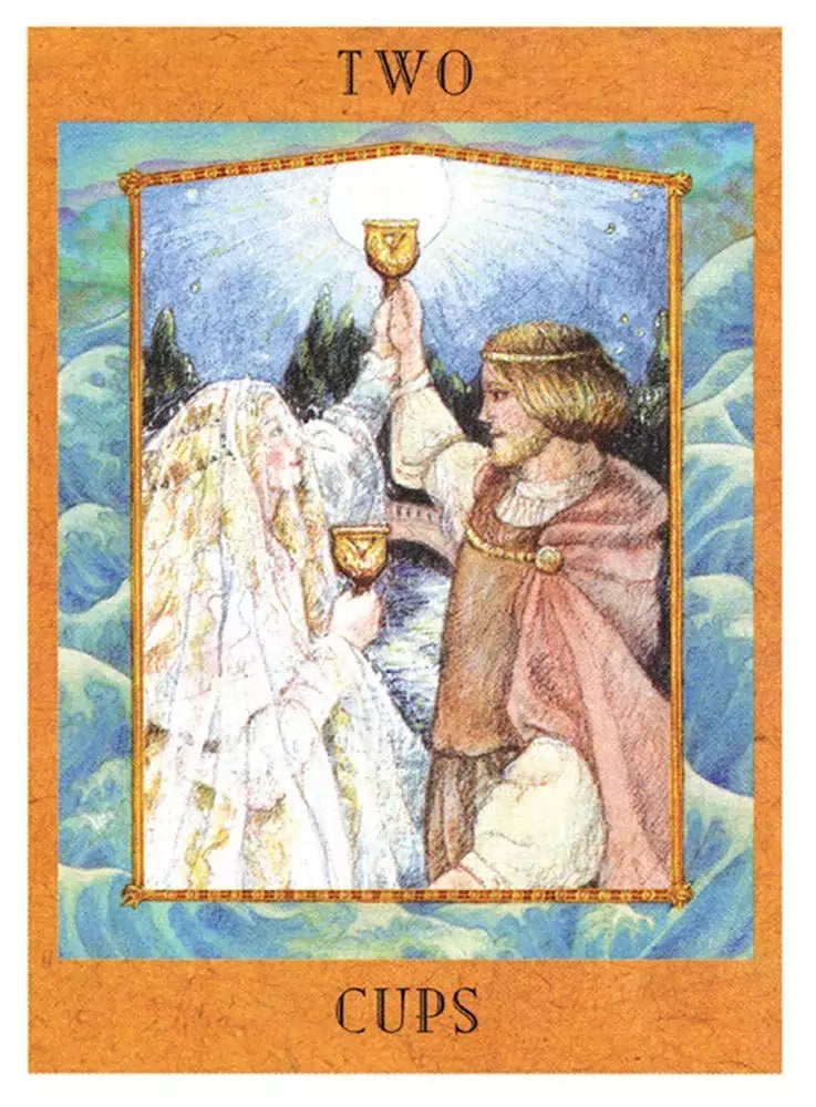 Goddess Tarot card showing a man and woman in flowing garments raising their arms in celebration