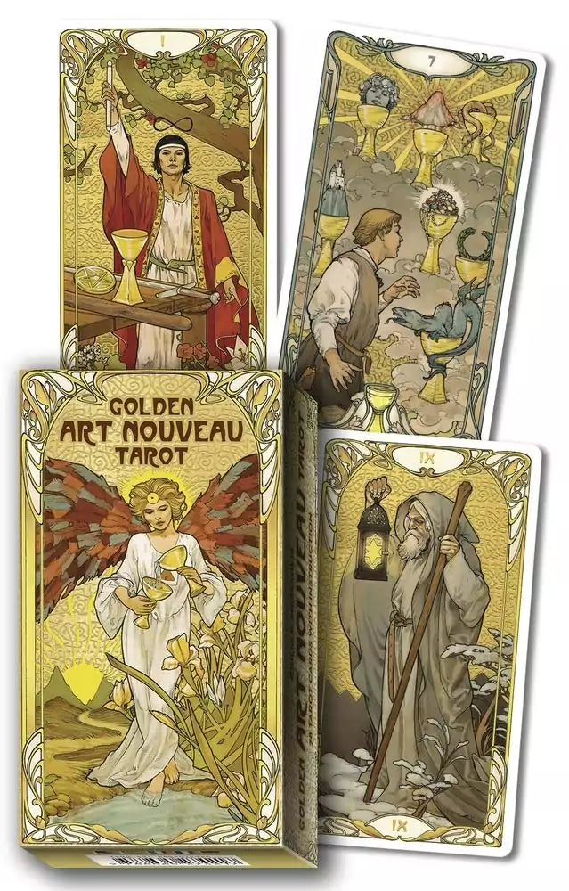 Golden Art Nouveau Tarot Deck box and spread of cards — Lo Scarabeo 78-card set with ornate gold foil Art Nouveau illustration style inspired by Klimt-era design.