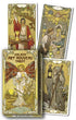 Golden Art Nouveau Tarot Deck box and spread of cards — Lo Scarabeo 78-card set with ornate gold foil Art Nouveau illustration style inspired by Klimt-era design.