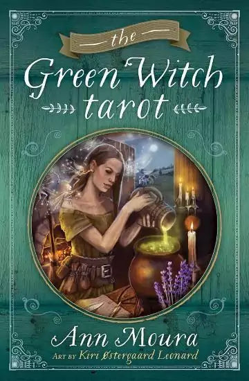 Green Witch Tarot card showing a young woman preparing a potion in a mystical nature-filled setting — lush botanical illustration from Ann Moura&