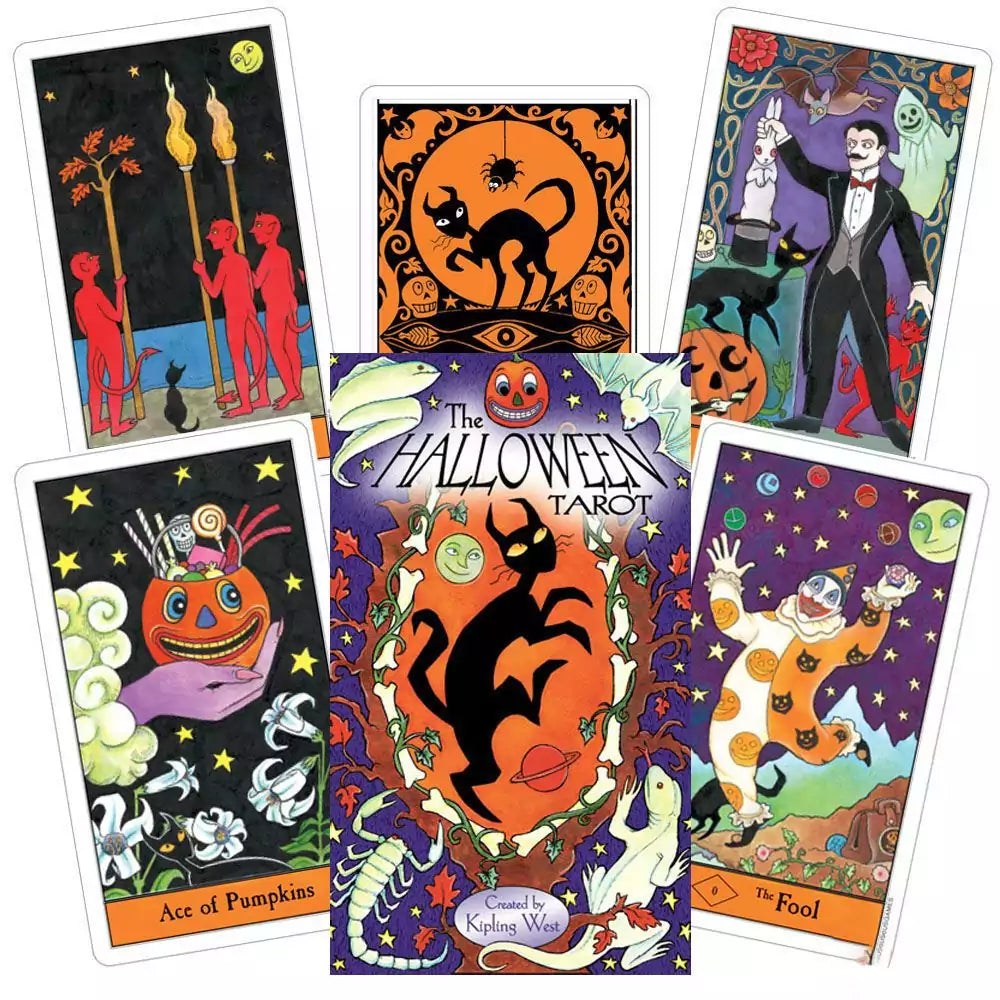 Halloween Tarot card spread showing vibrant illustrations with a pumpkin, black cat, and classic Halloween iconography in Kipling West&