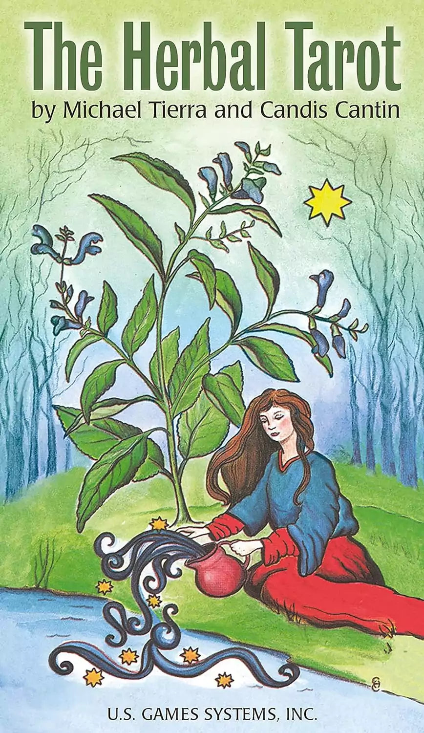 Herbal Tarot deck box by Tierra and Cantin showing botanical herb illustrations integrated with traditional RWS tarot structure and symbolism.