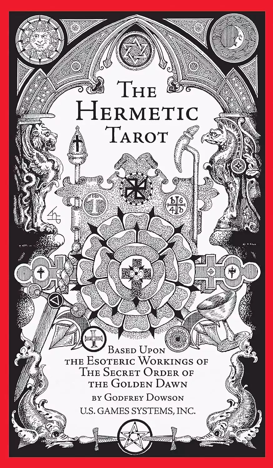 Hermetic Tarot Deck by Godfrey Dowson — black-and-white illustrated deck box with Golden Dawn esoteric symbolism on the cover.