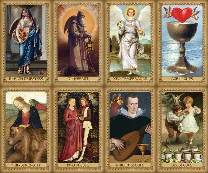 Collection of Influence of the Angels Tarot cards spread showing various angel figures and symbolic imagery from the Barbessi deck.
