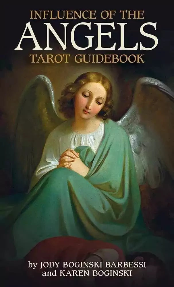 Guidebook cover for Influence of the Angels Tarot with an angelic figure and soft gold-toned design — 184-page illustrated book.